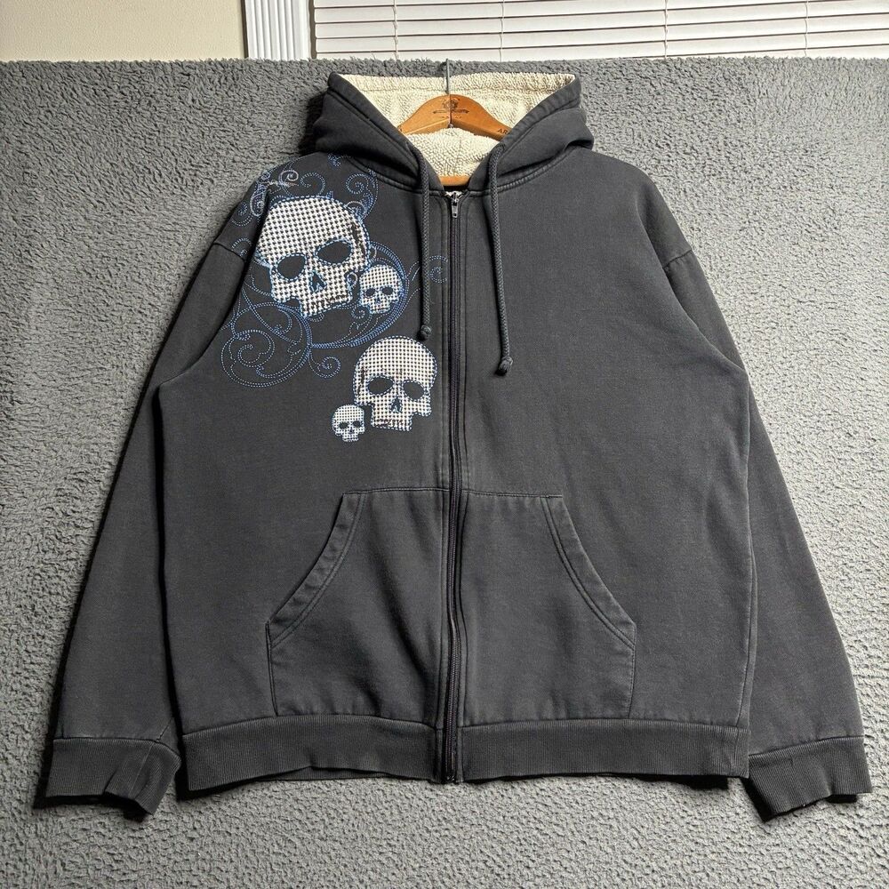 Y2K Skull Graphic Full Zip Hoodie Cyber Surf Skater Grunge Baggy Medium Faded